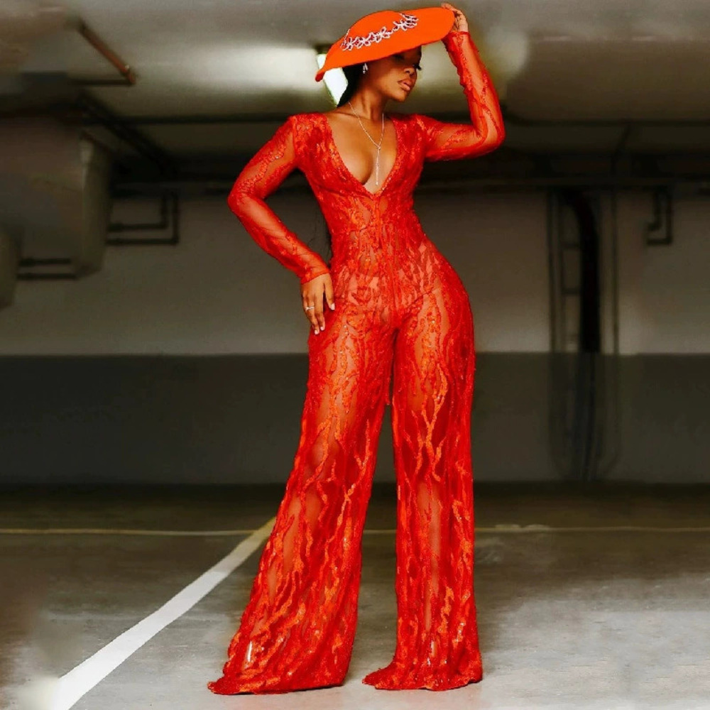 ZARA Spring One Piece Sequined Halter Neck Red Flame Jumpsuit